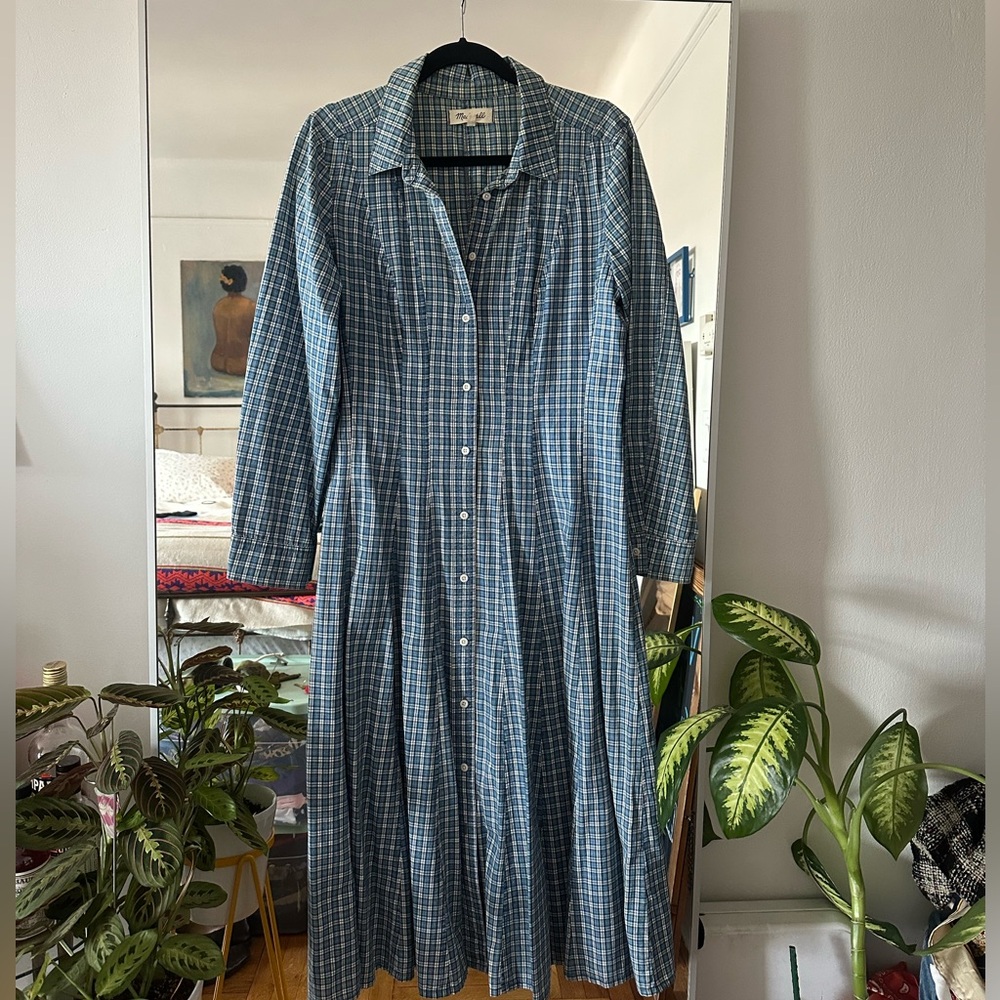 Madewell Blue Green Plaid Long Sleeve Button-Front Dress